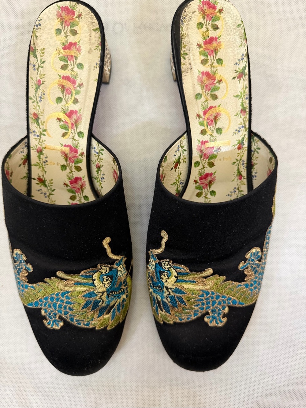 Gucci Black Mules with Blue & Gold Dragon Embroidery